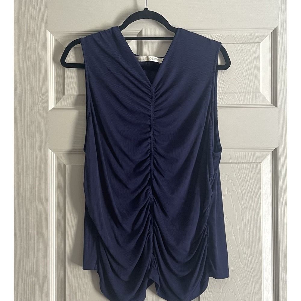 Marie Oliver Women's XL Navy Tank Top Rouched Ribbed Stretchy Blouse